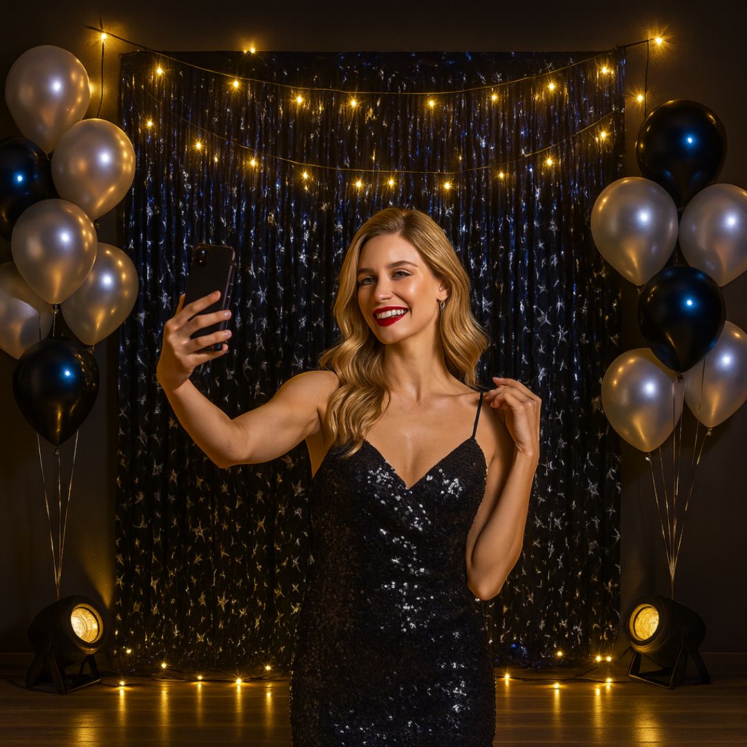 Curly Black and Silver Star Foil Curtain - 6FT x 3FT - 1PC