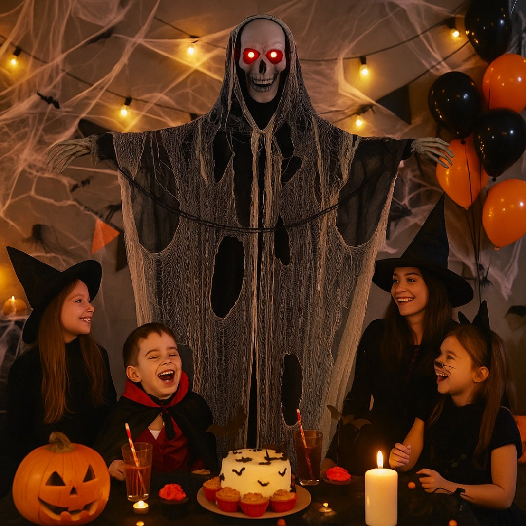 Large Standing Skeleton with Black and White Net with LED Red Eyes and Sound - 5.5 FT - 1PC