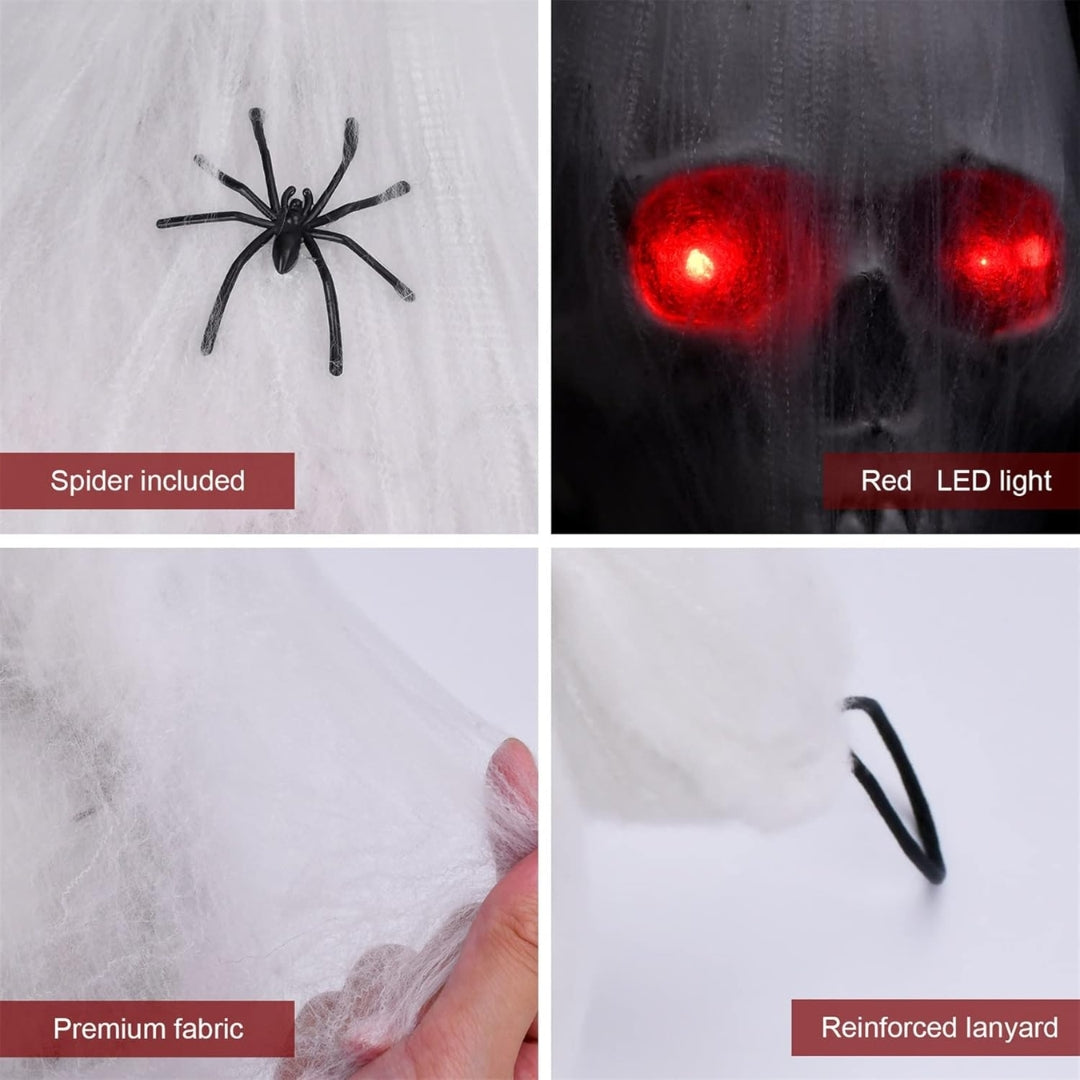 Light Up Bandaged Skull Hanging Decoration with Spiders - 1PC