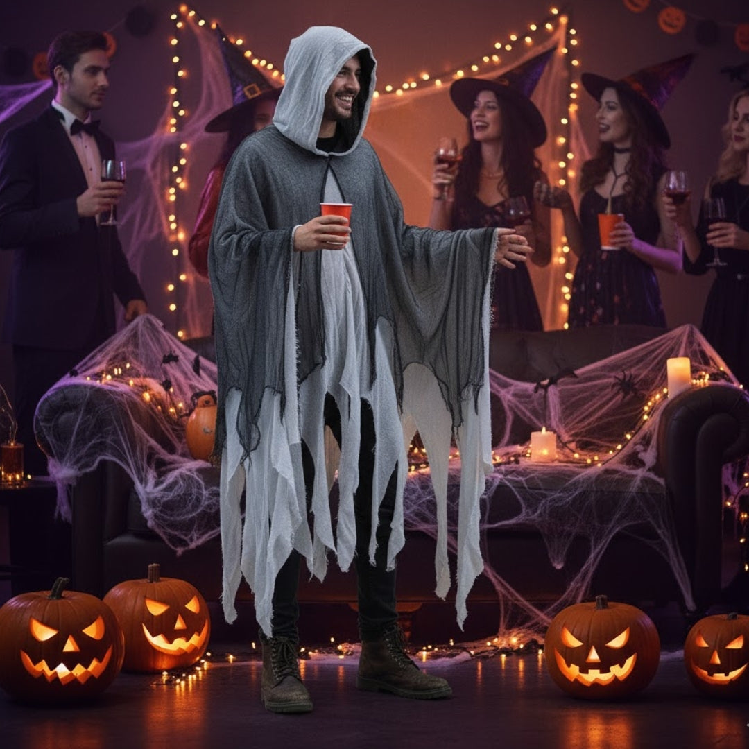 Black & White Net Ghost Poncho with Hood - Free Size