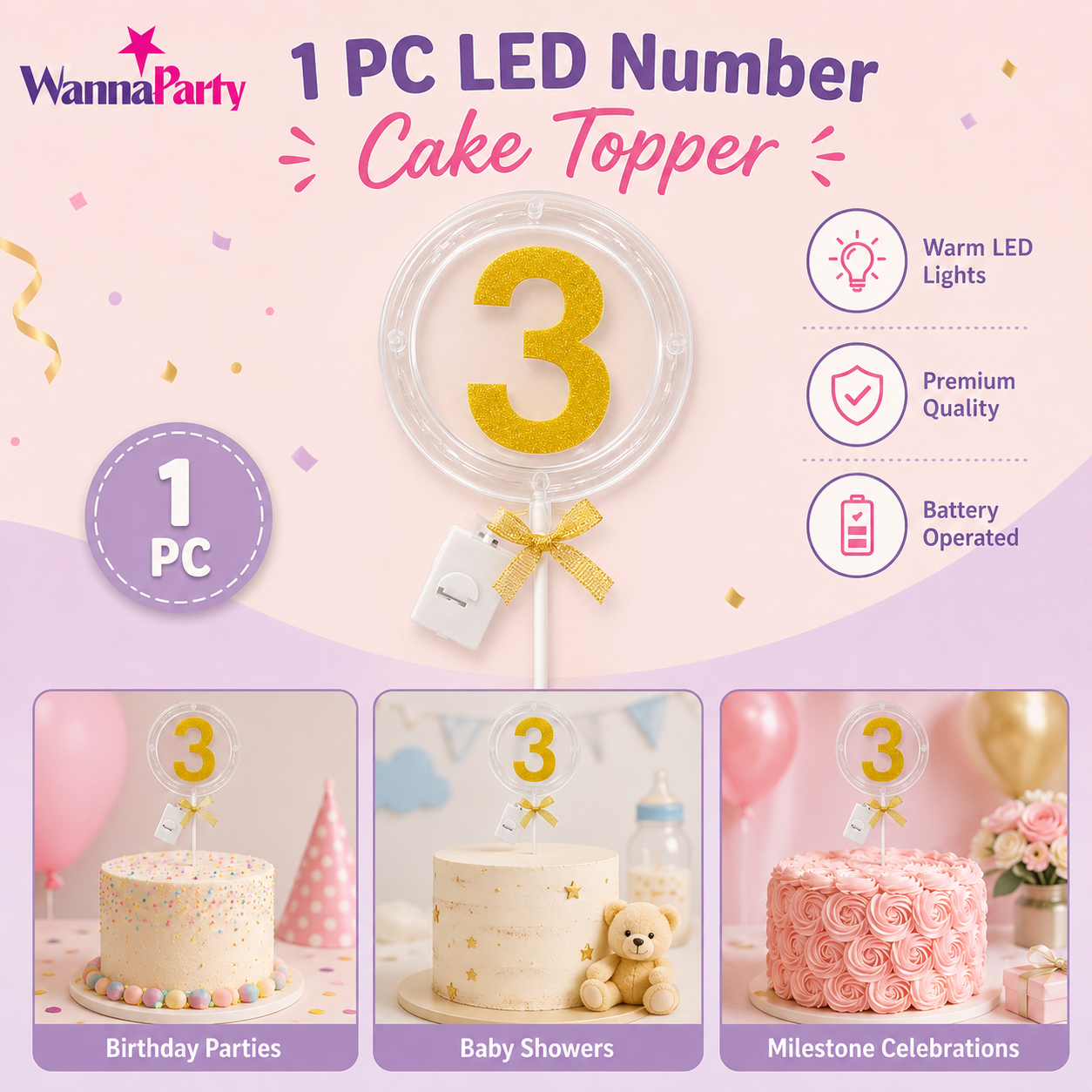Round Light Up Golden Number 3 LED Cake Topper | Golden Glitter Number with built in light string & Bow | Cake Decoration Kit - 1PC