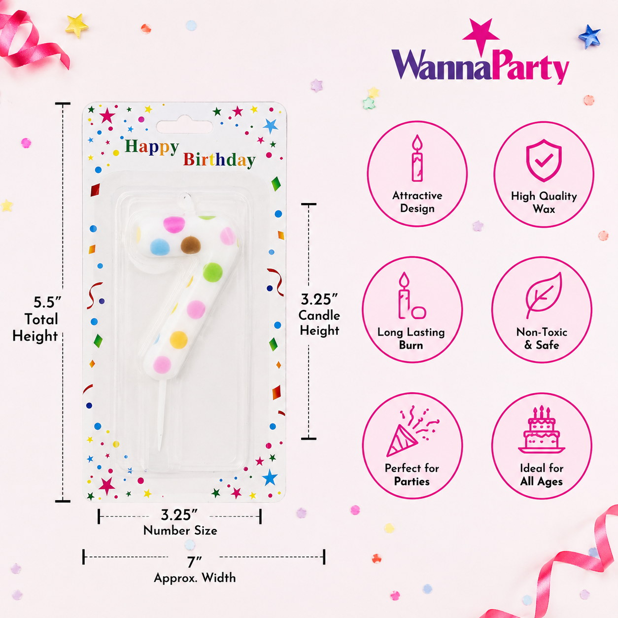 White Pastel Polka Dot Birthday Candle Number 7 | Numerical Candles for Cake Cutting - 1PC