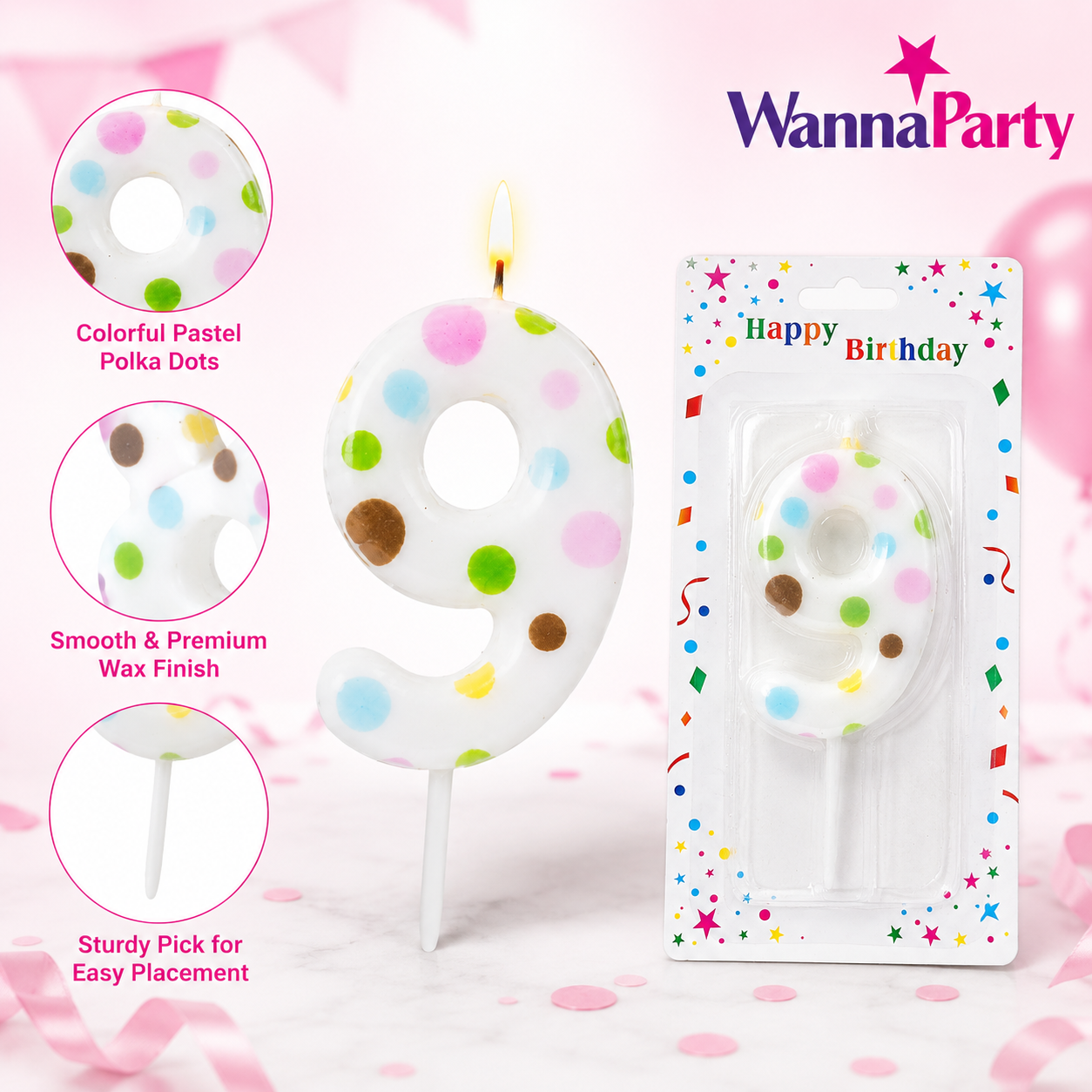 White Pastel Polka Dot Birthday Candle Number 9 | Numerical Candles for Cake Cutting - 1PC