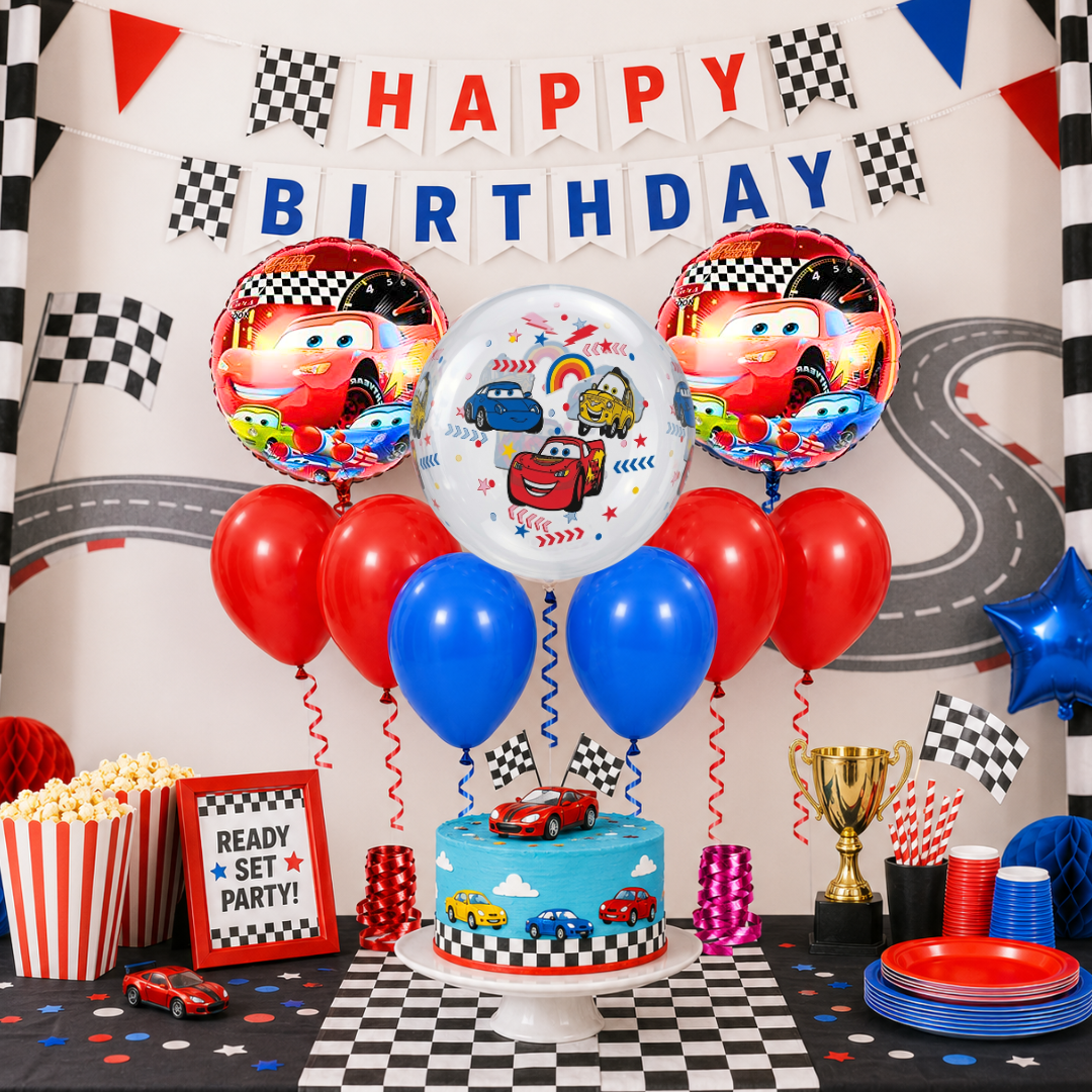 Racing Car BOBO Theme Balloon Decoration Set | 2 Round Car Foil Balloons, 1 Clear Bobo Printed Balloon, Red & Blue Latex Balloons & Ribbons for Kids Birthday Party - 11PC Set