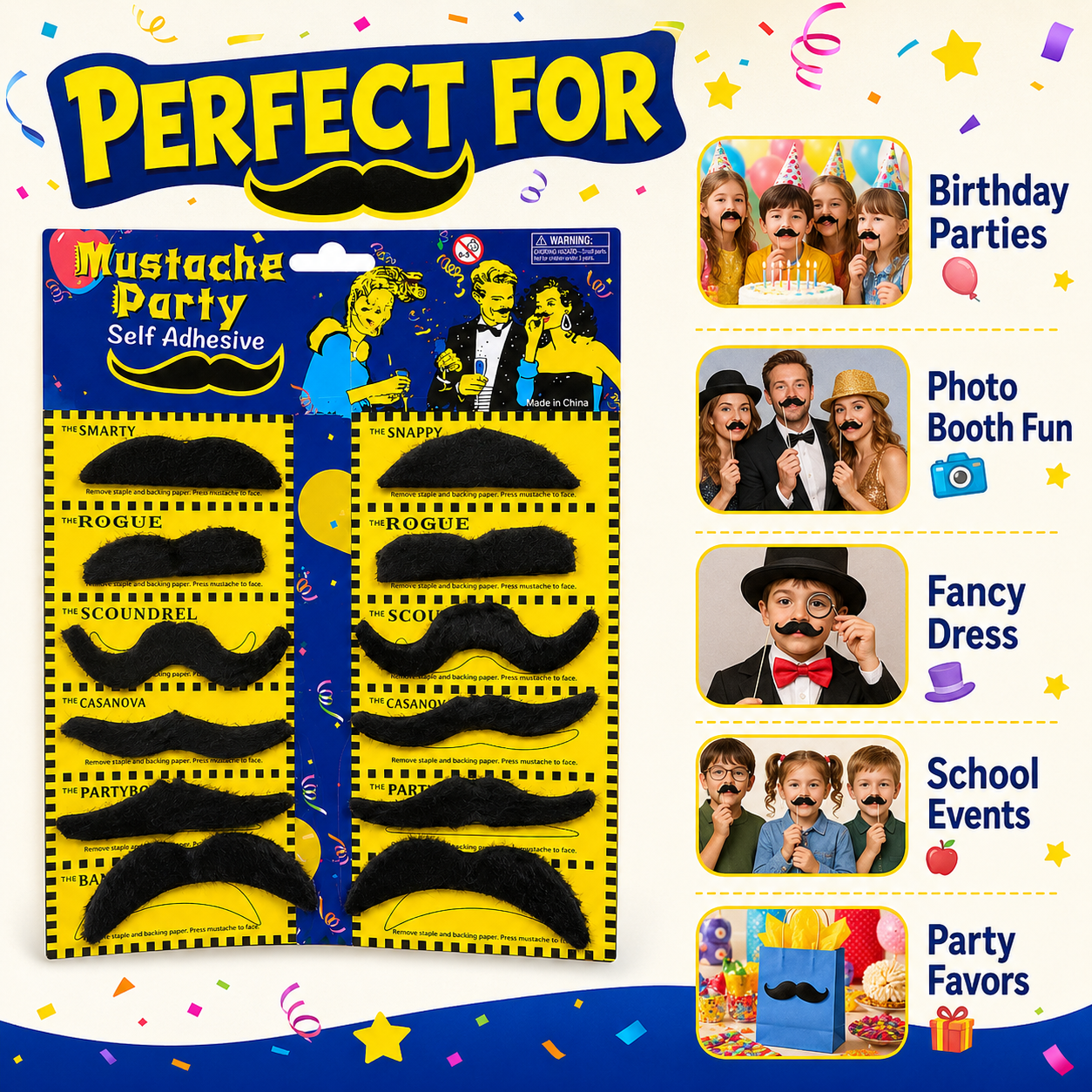 Black Fake Moustaches Self Adhesive, Funny Party Moustache Props for Birthday, Fancy Dress, Photo Booth, Role Play, Return Gifts, Loot Bags & Party Favors – 12 PCS