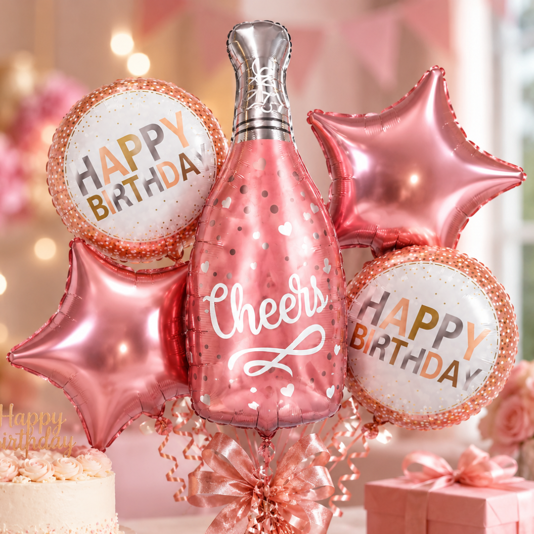 Pink Champagne Bottle Birthday Balloon Bouquet Set – 5 Pcs | Pretty Pink Star & Cheers Foil Balloons for Birthday Party Decoration & Photo Backdrop