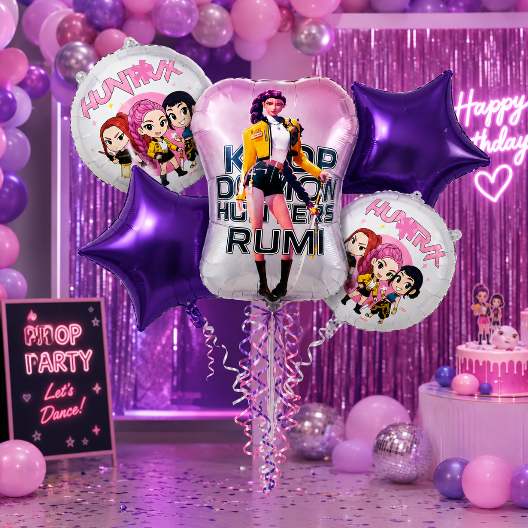 K-POP Theme Rumi Print Birthday Balloon Bouquet Set – 5 Pcs | Purple Star & Character Foil Balloons for Kids Birthday Party Decoration