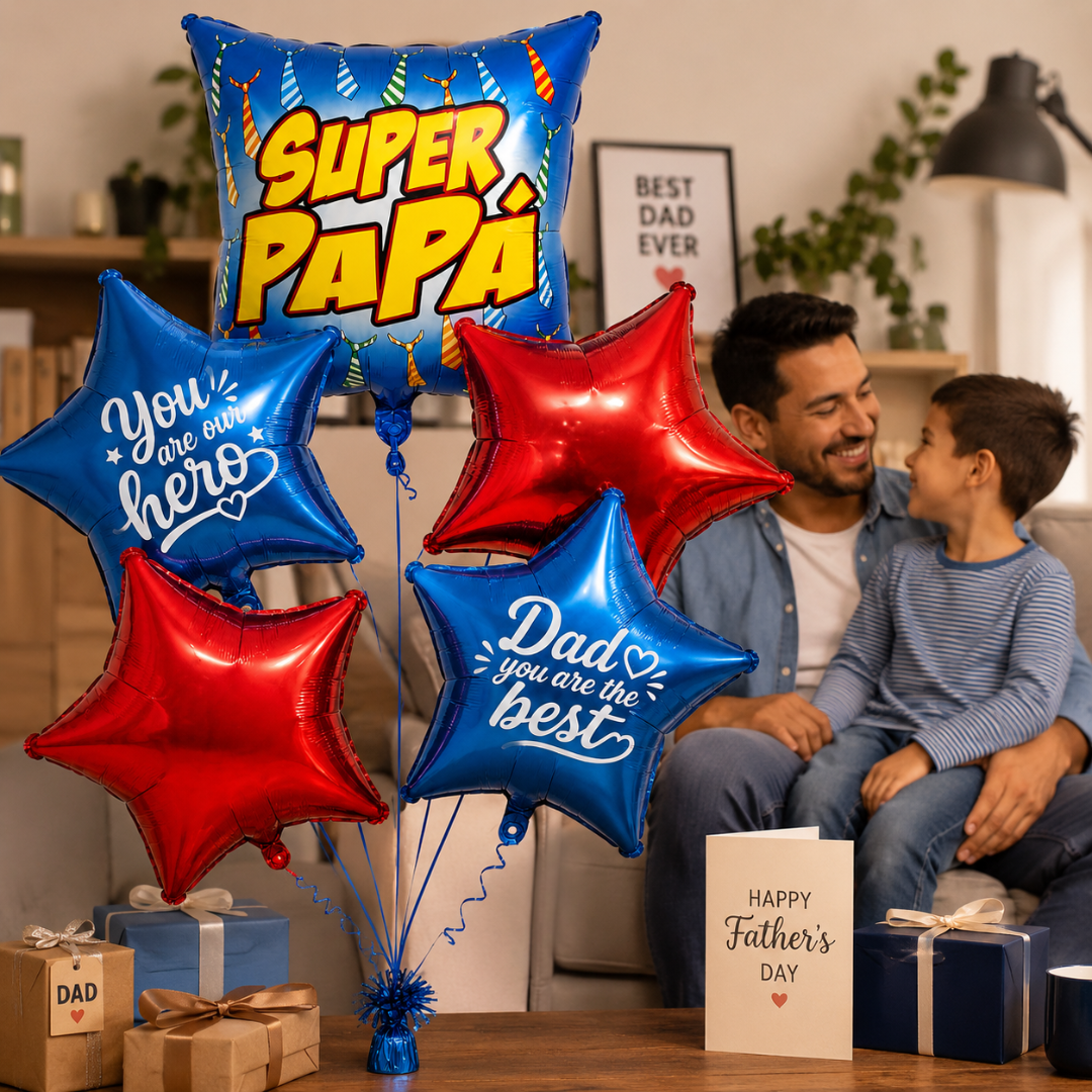 Super Papa Balloon Bouquet Set 5PC, Helium Supported Dad Foil Balloon Set with Star Balloons for Father’s Day, Papa Birthday & Surprise Decoration