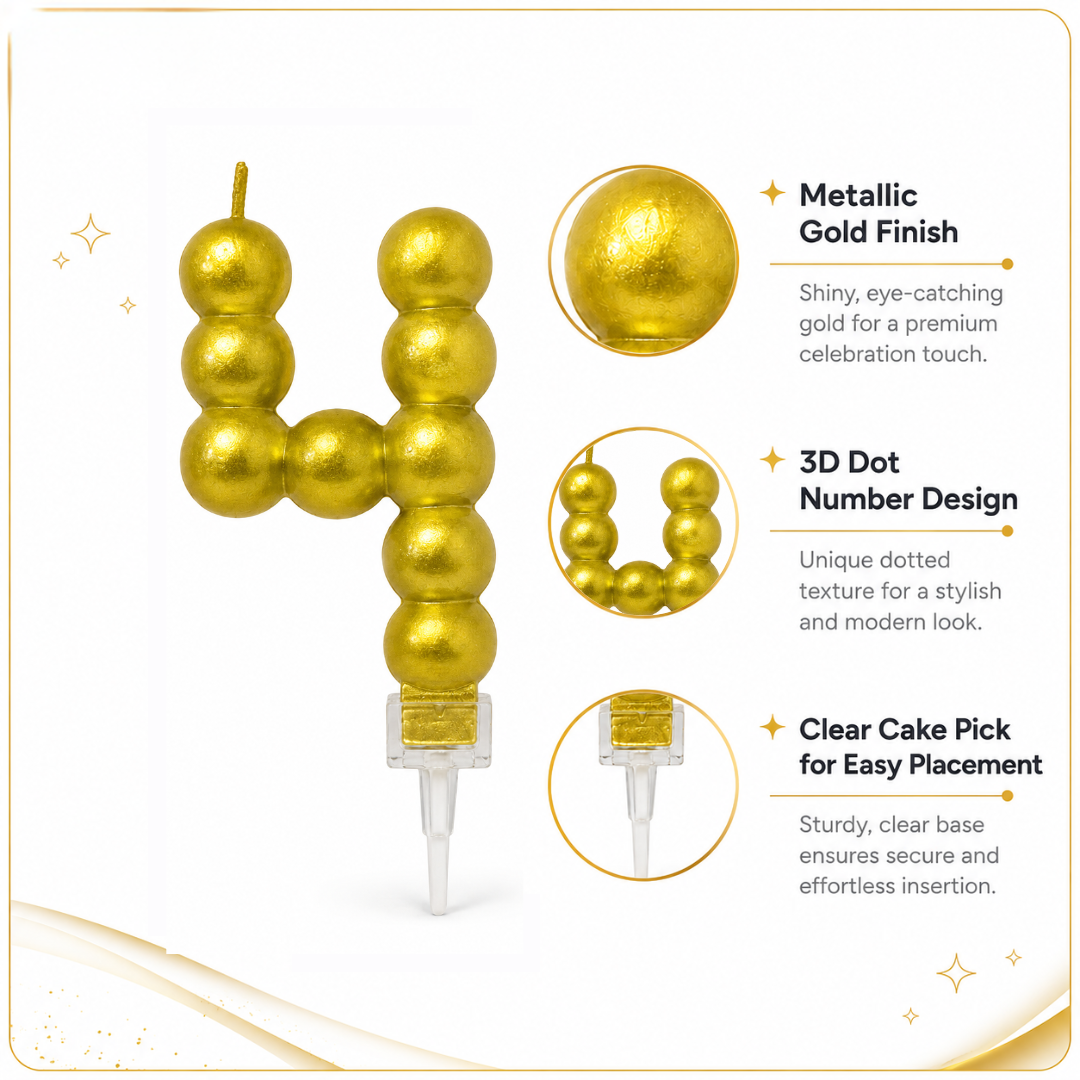 Golden Vector Dots Numerical Candle Number 4 | Fancy Birthday Candle for Cake Cutting