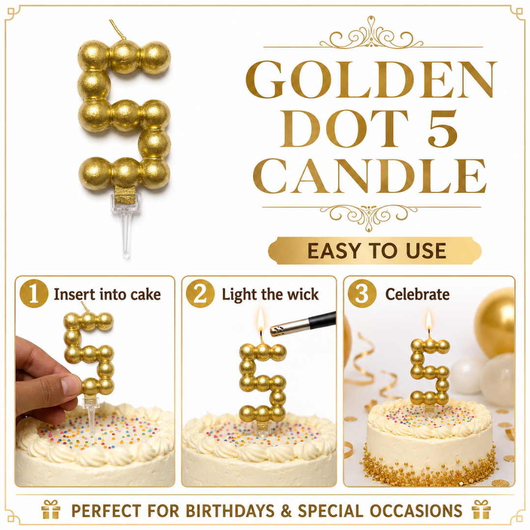 Golden Vector Dots Numerical Candle Number 5 | Fancy Birthday Candle for Cake Cutting
