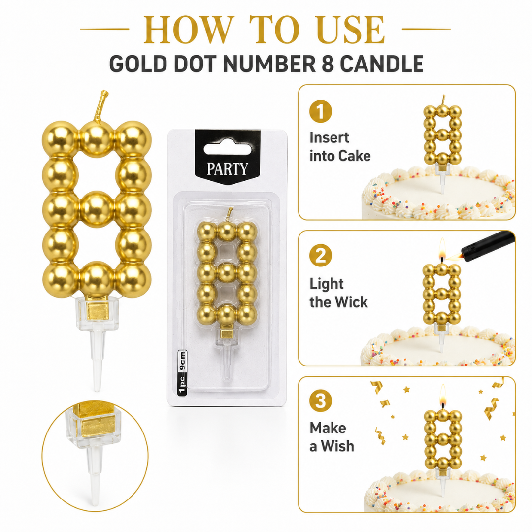 Golden Vector Dots Numerical Candle Number 8 | Fancy Birthday Candle for Cake Cutting