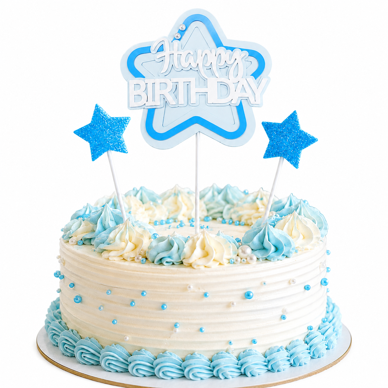 Happy Birthday Cake Topper Set of 3, Blue Star Birthday Pick with 2 Glitter Star Picks, Cake Decoration for Kids, Adults, Party Cakes, Cupcakes & Dessert Table - 3PC