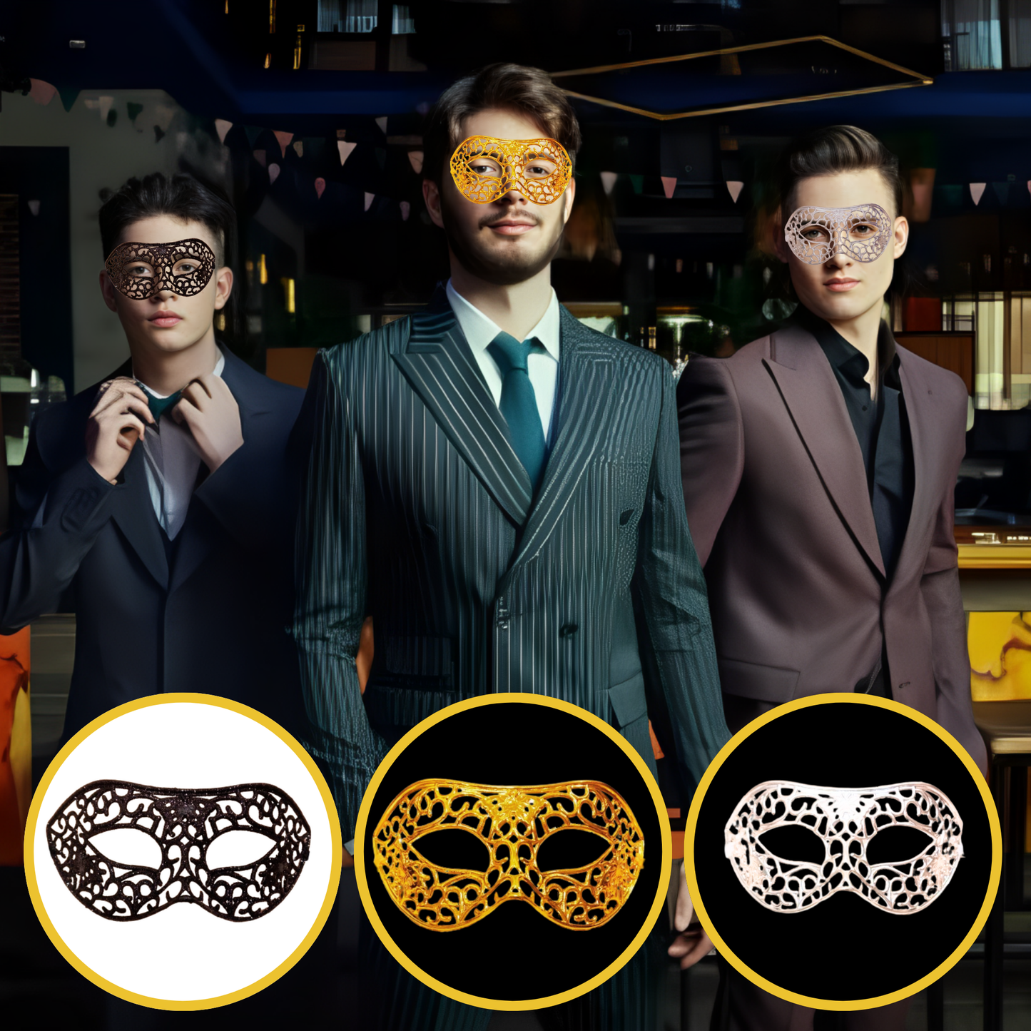 Masquerade Black, Golden & Silver Mask Set for Men - 3PC