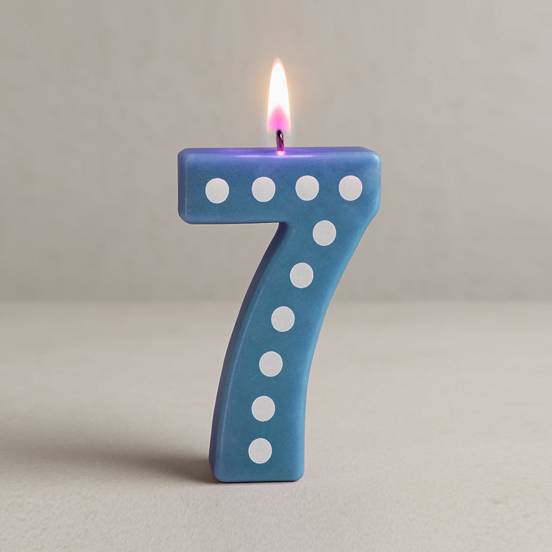 Number 7 Blue Candle w/ Polka Dots - 4 inches - 1PC