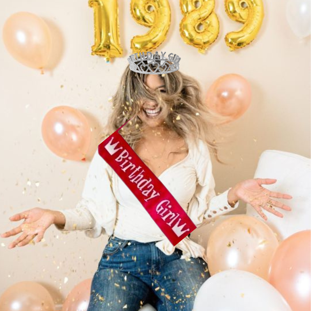 Birthday Girl Tiara with Happy Birthday Pink Satin Sash Combo - 2PC Set