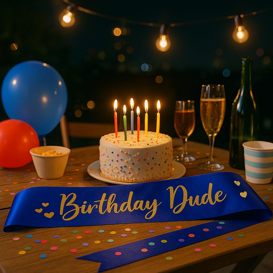 Happy Birthday Dude Metallic Blue Sash w/ Golden Text - 1PC