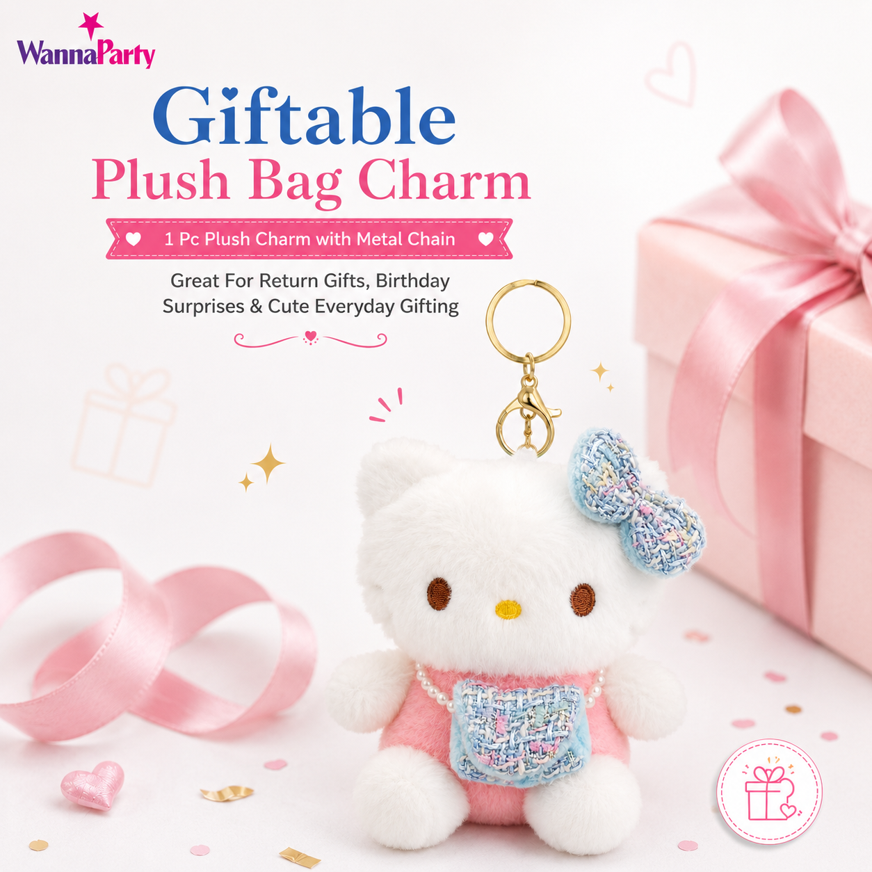 Blue Hello Kitty Plushy Key Chain | Cute Kawaii Blue Cat Plush Keychain | Soft Bag Charm with Blue Bow & Mini Purse, Gold Metal Chain for Backpack, Handbag, Keys, Birthday Return Gift & Party Favor – 1PC