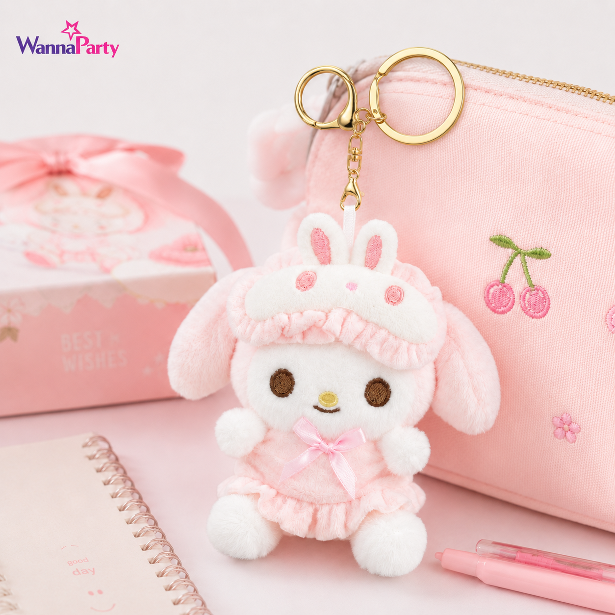 My Melody Cute Kawaii Plush Keychain, Soft Pink Bunny | Hood Character Bag Charm with Gold Metal Chain, Backpack, Handbag, Keys, Birthday Return Gift & Party Favor – 1PC