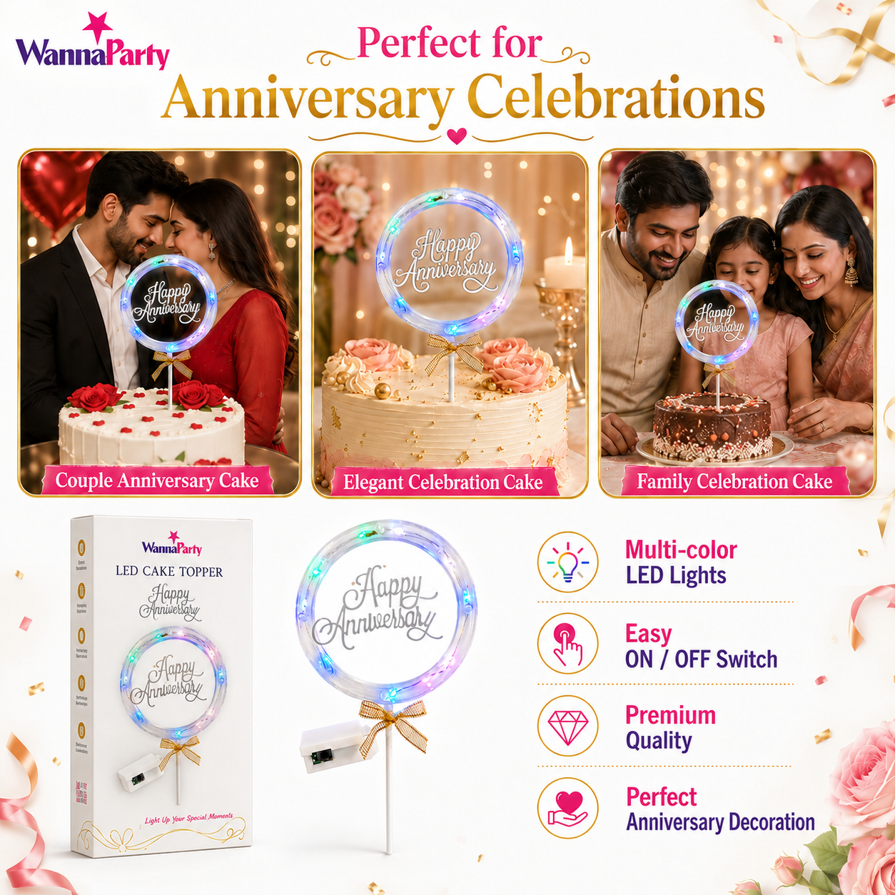 Happy Anniversary LED Cake Topper, Transparent Round Cake Decoration with Gold Text, Built-In Light String & Bow for Anniversary Party, Couple Celebration & Dessert Table – 1PC