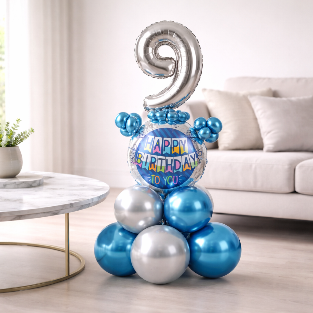 Designer Blue & Silver Balloon Bouquet Arrangement for 9th Birthday