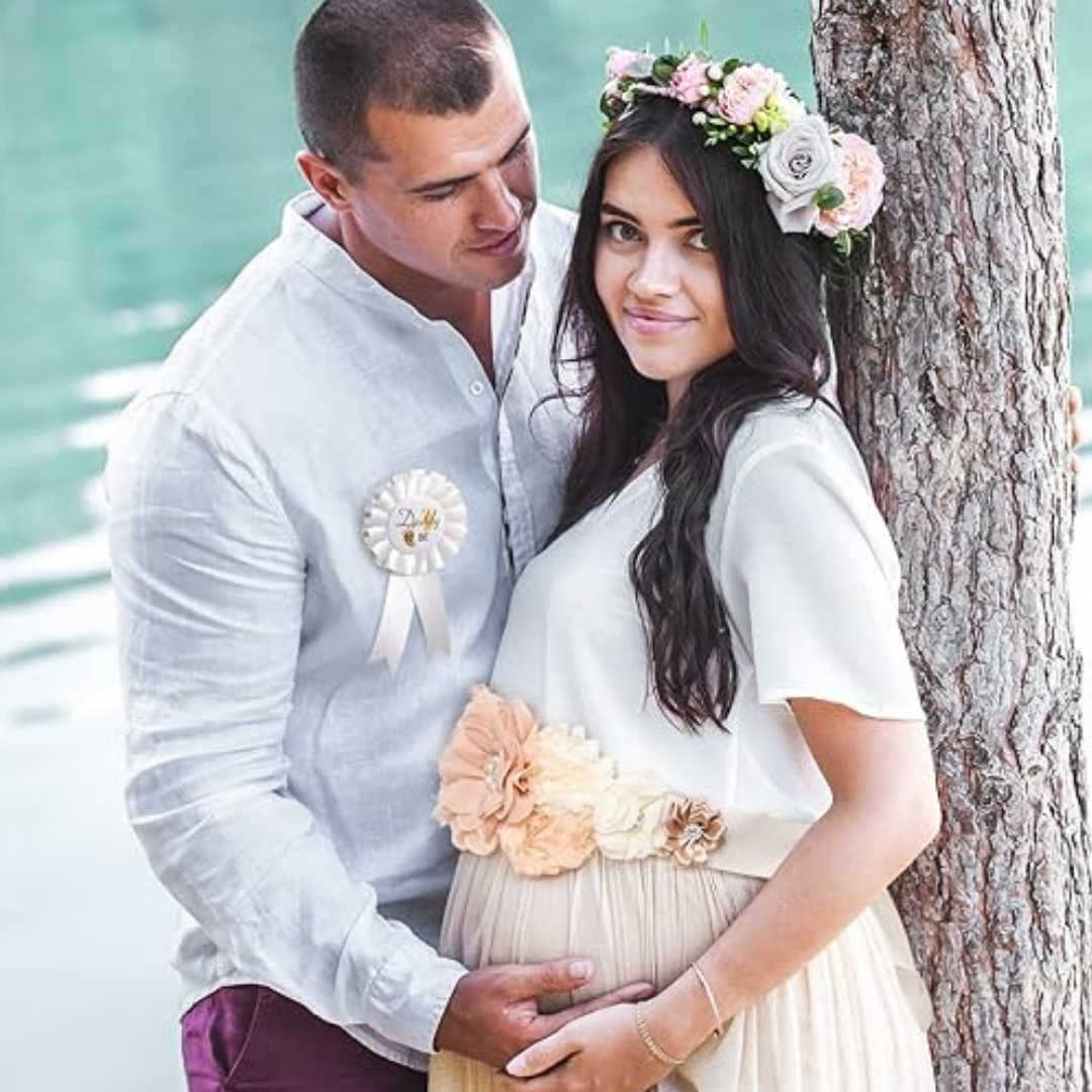 Mom To Be Crown with Pink & Silver Rhinestone and Floral Waistband Combo - Set of 2PC