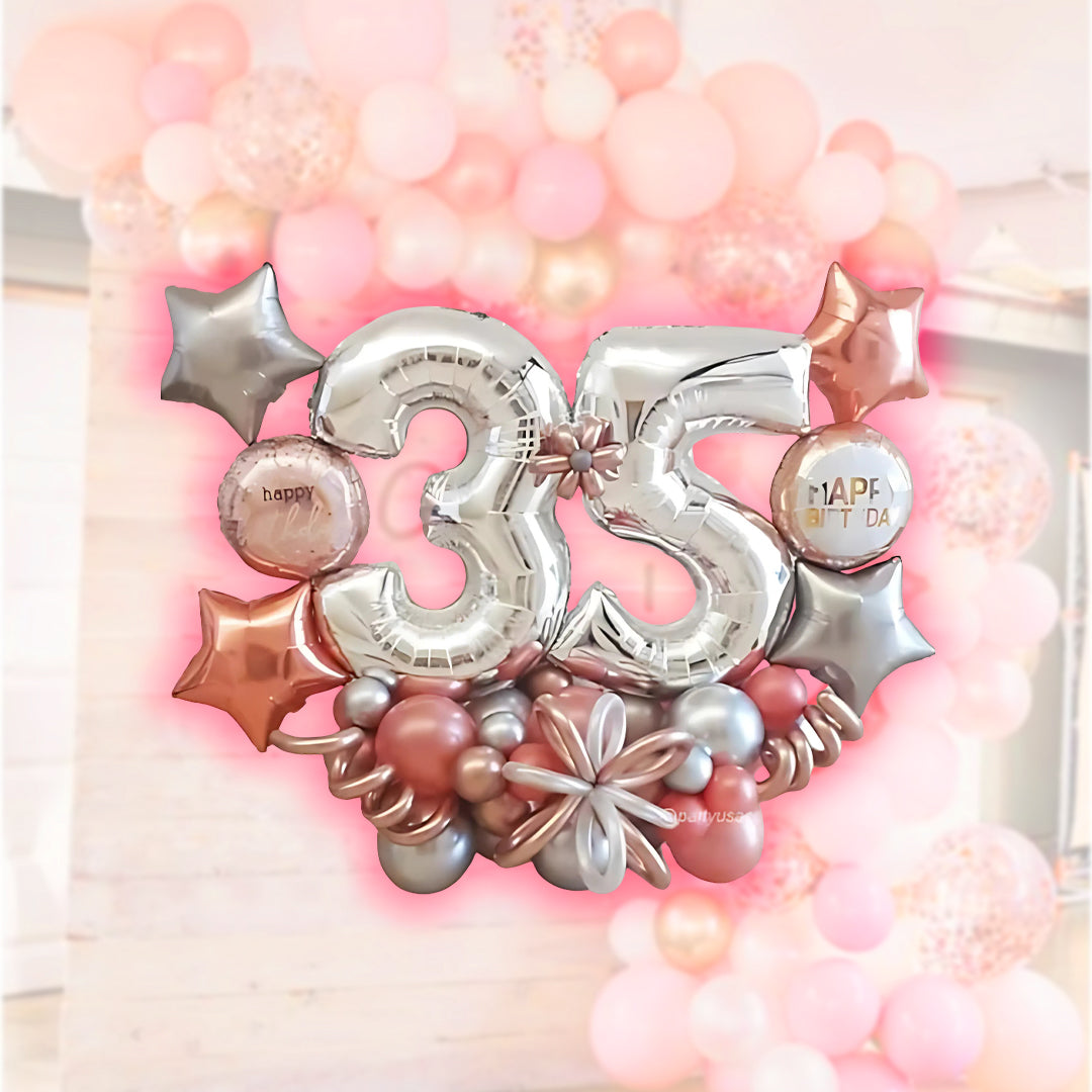Happy 35th Birthday Pink & Silver Balloon Bouquet Set
