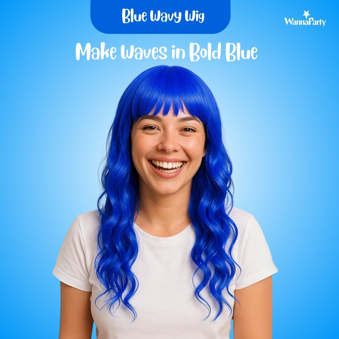 Curly Blue Wigs Long 1PC – Wanna Party - Main Image
