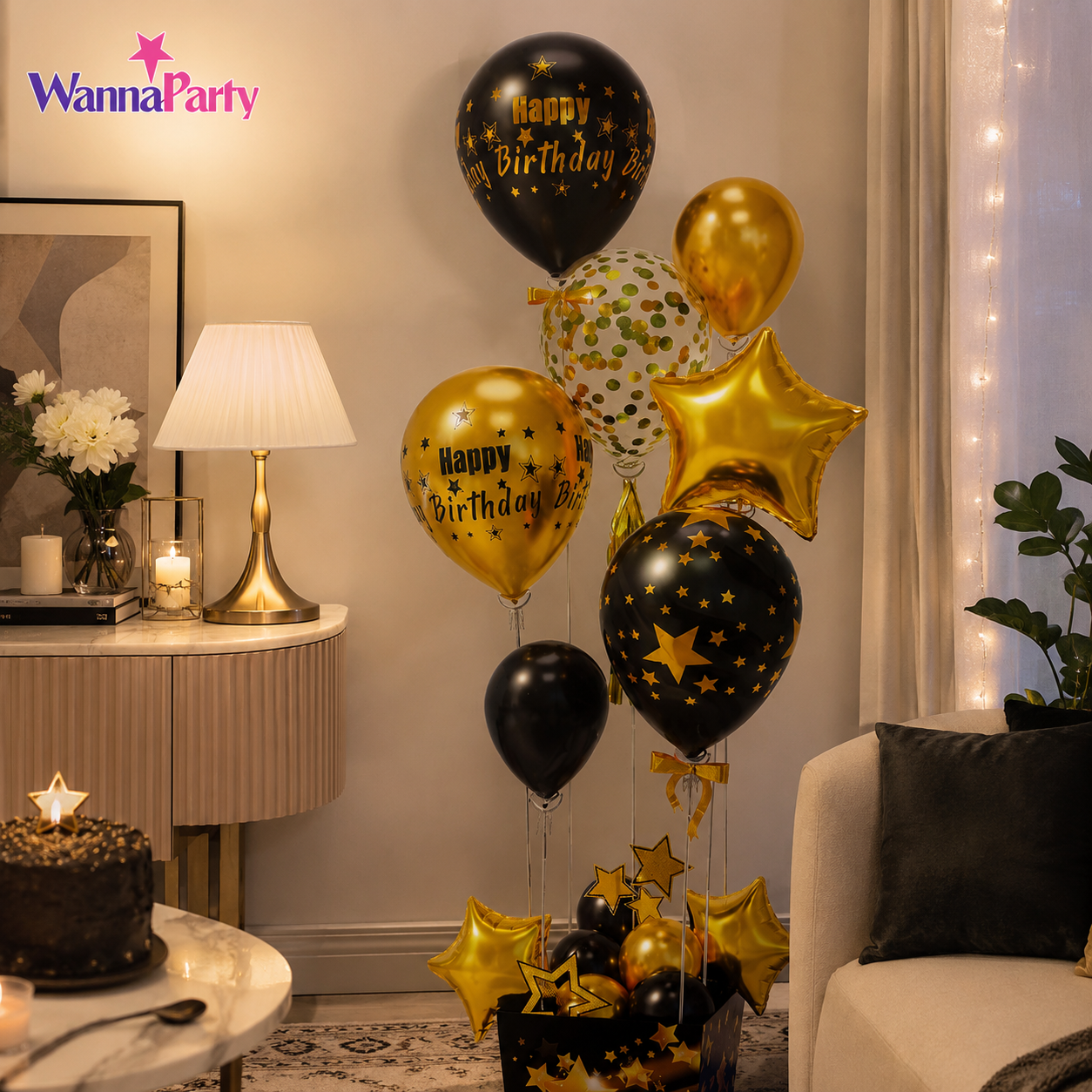 Black and Golden Balloon Bouqet Set with Base Stand - 16PC | Table Centerpiece Decoration | Foli Star & Printed Latex Balloons - 1 Set