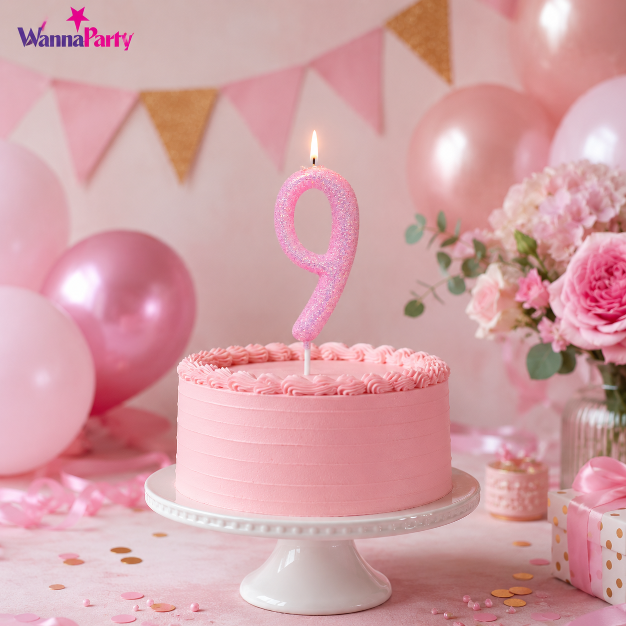 Glitter Designer Pink Candle Number 9 | Cake Candles