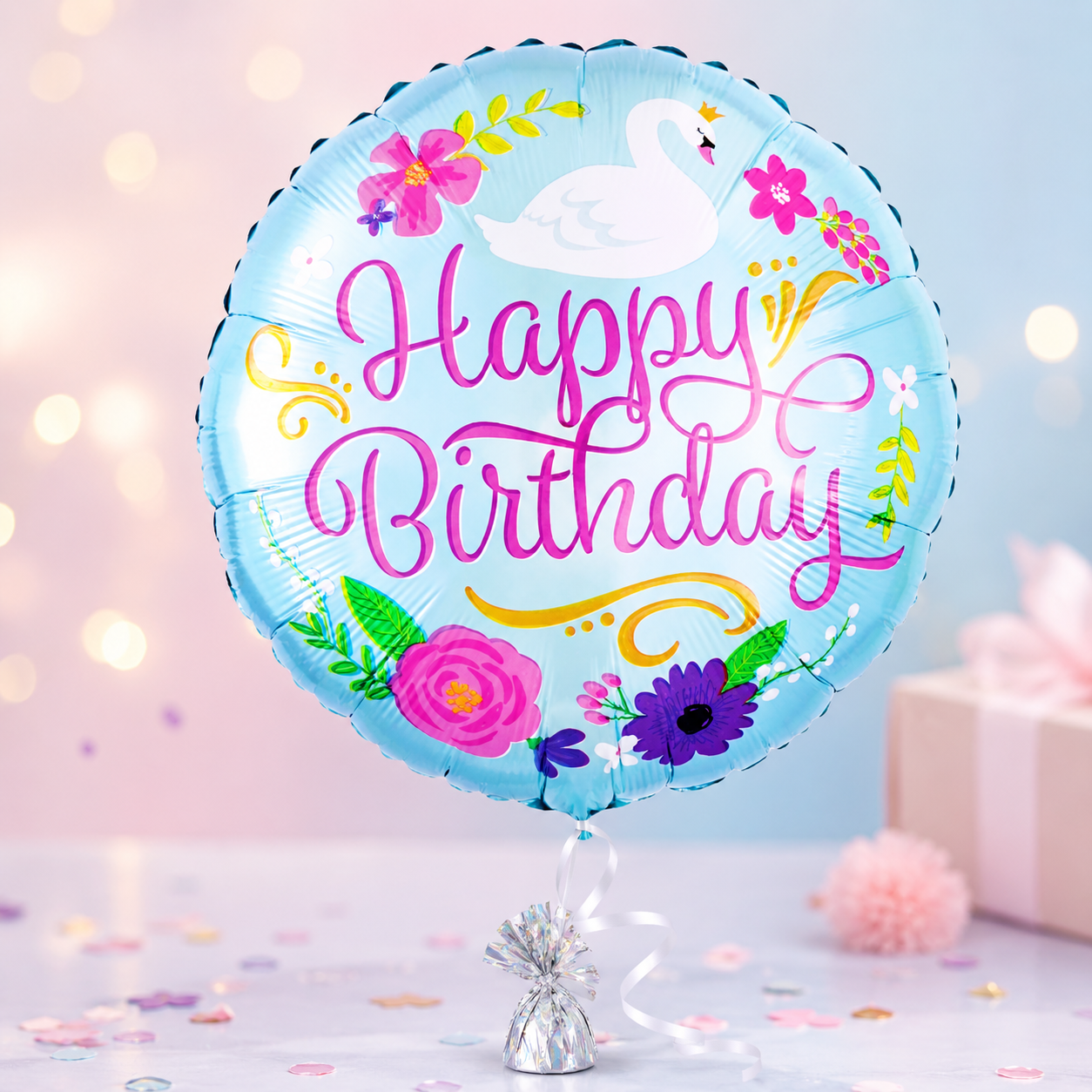 18" Happy Birthday Floral Swan Balloon
