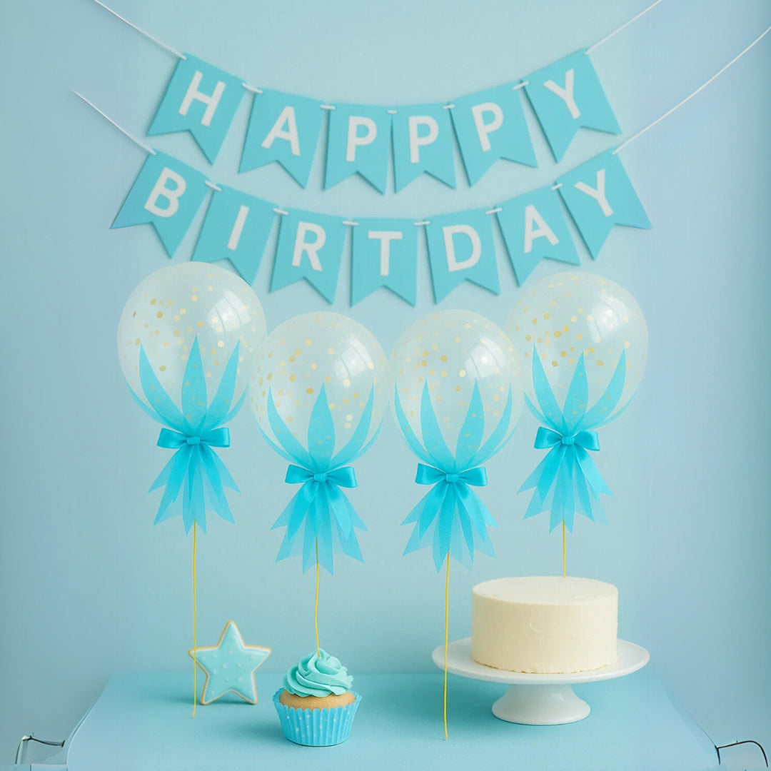 Clear Balloon With Blue Net And Golden Confetti - 18 inches - 1PC