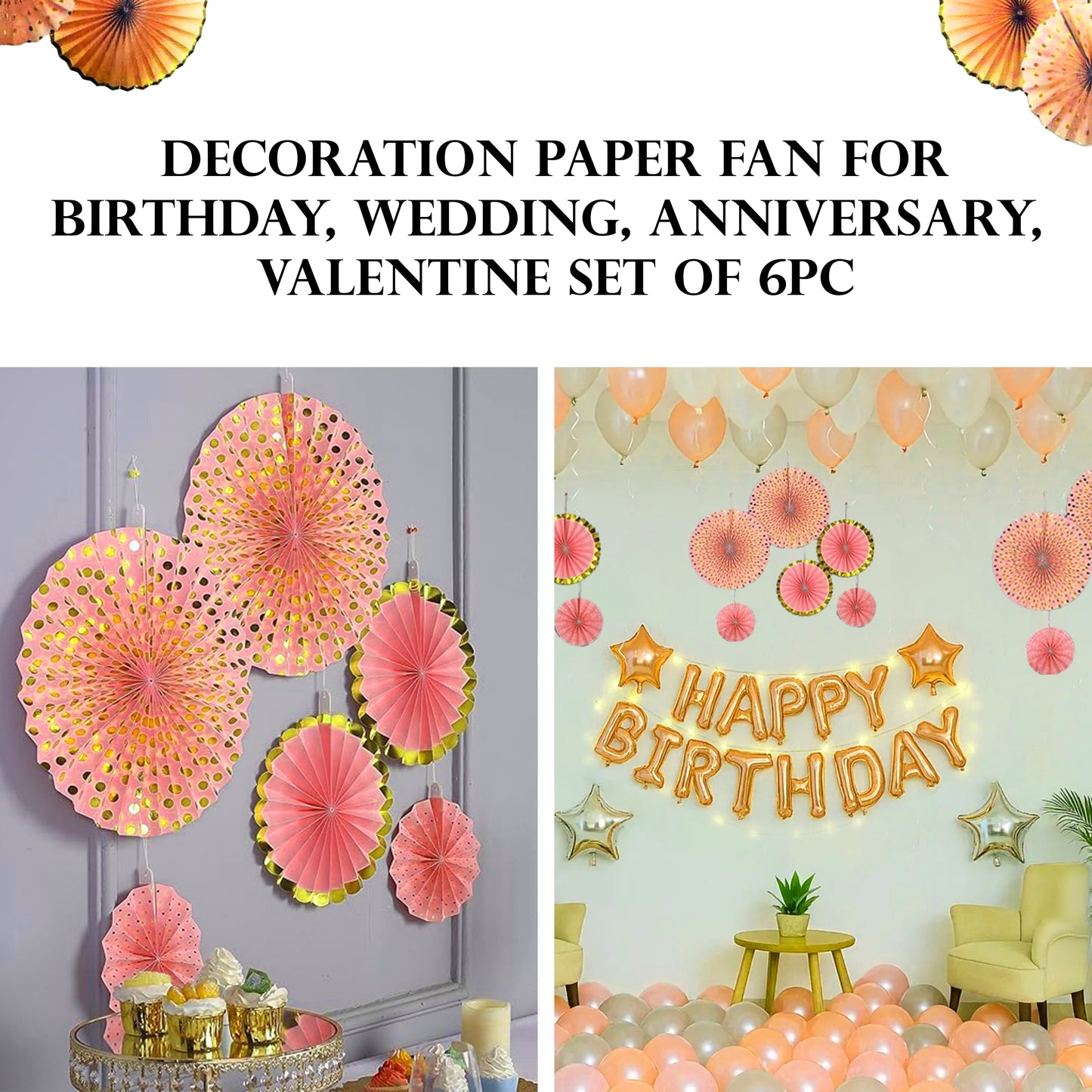 Designer Rose Gold Paper Fans Set - 6PC