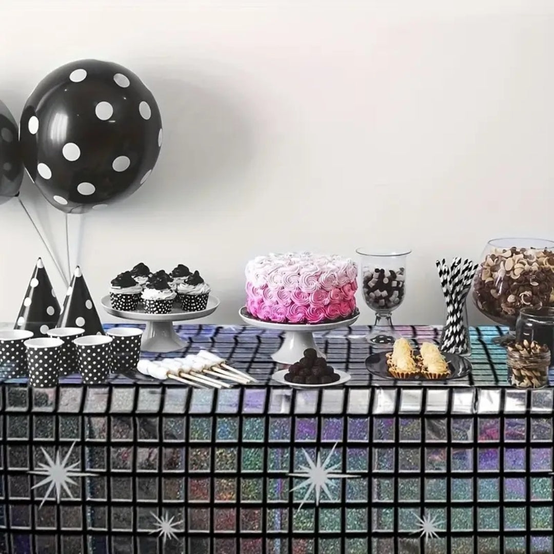 Disco Ball Print Silver & Black Tablecover - 9FT x 3.5FT - 1PC