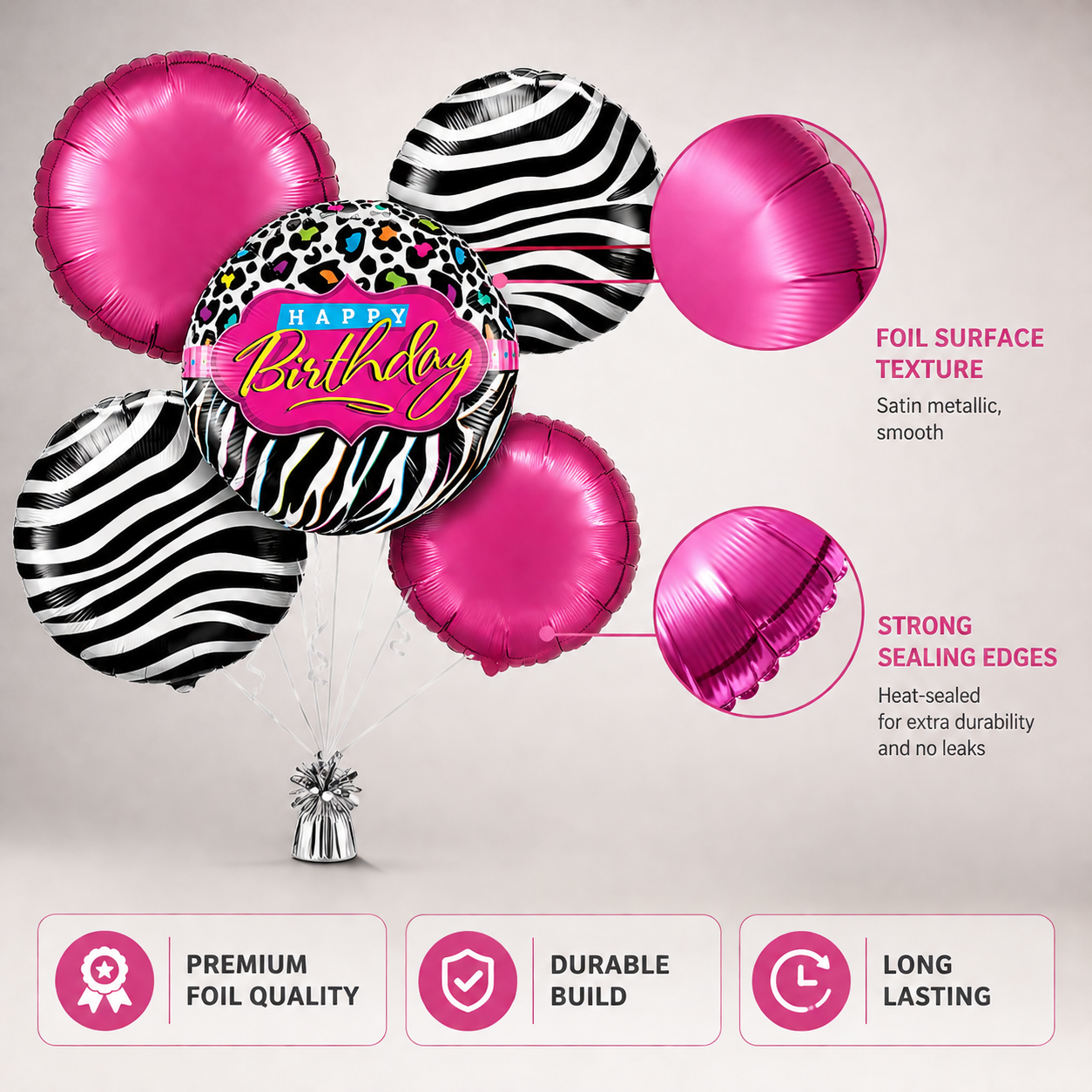Happy Birthday Black & White Set with Pink Round Balloons - 5PC