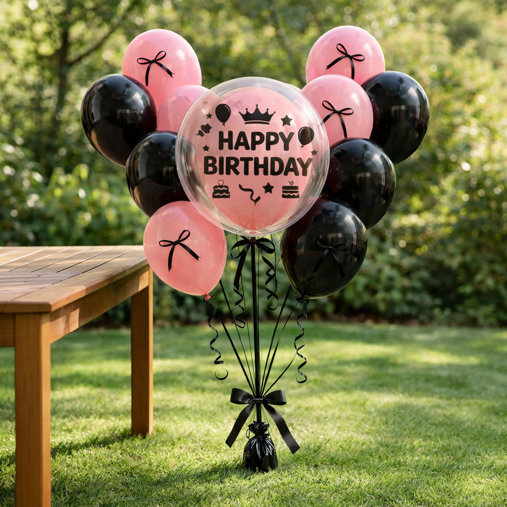 Happy Birthday Pink Balloons with Black Ribbon Combo Set - 22PC