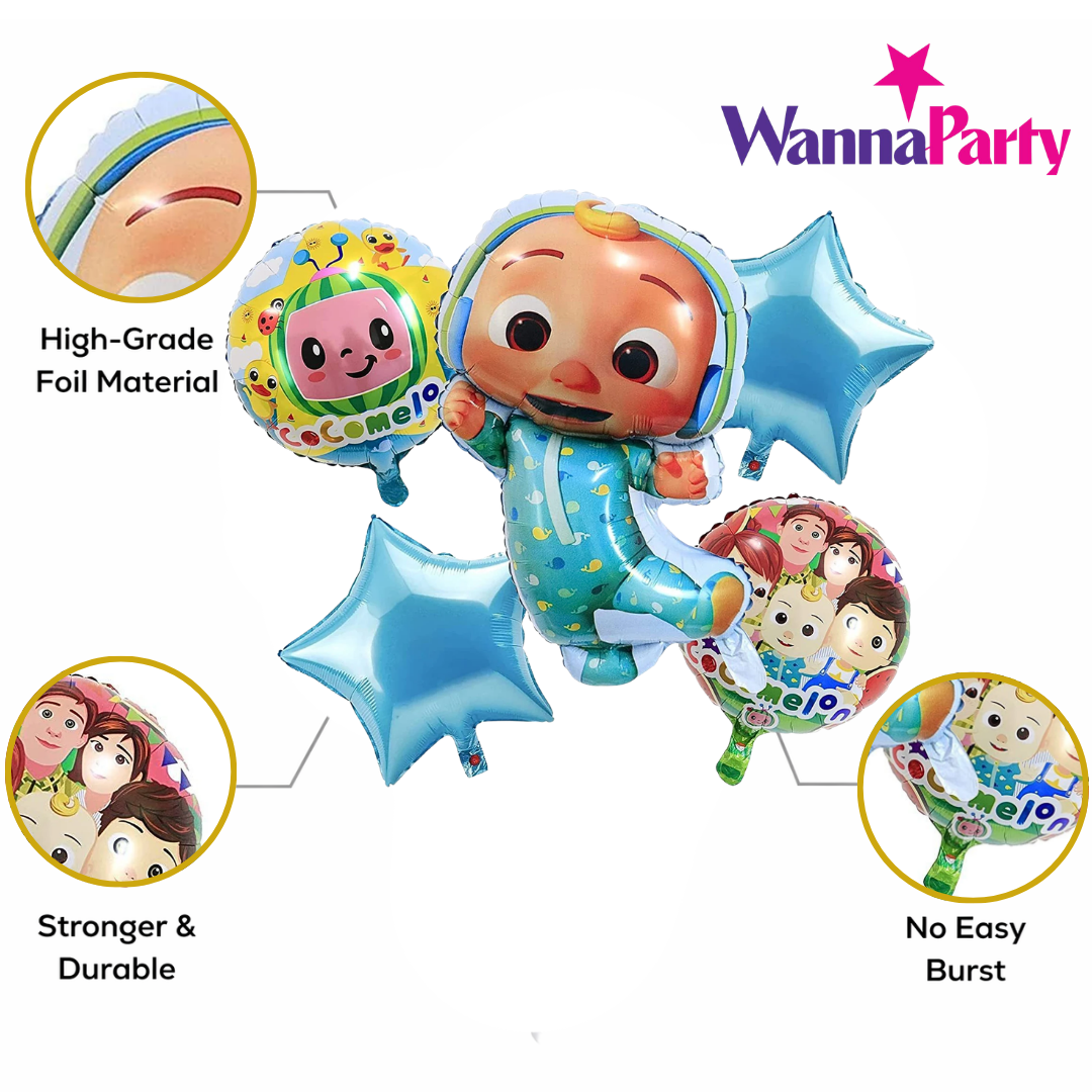 Coco Melon Kids Musical Cartoon Theme Helium Filled Balloon Set of 5 | Birthday Party Decoration Balloons for Kids