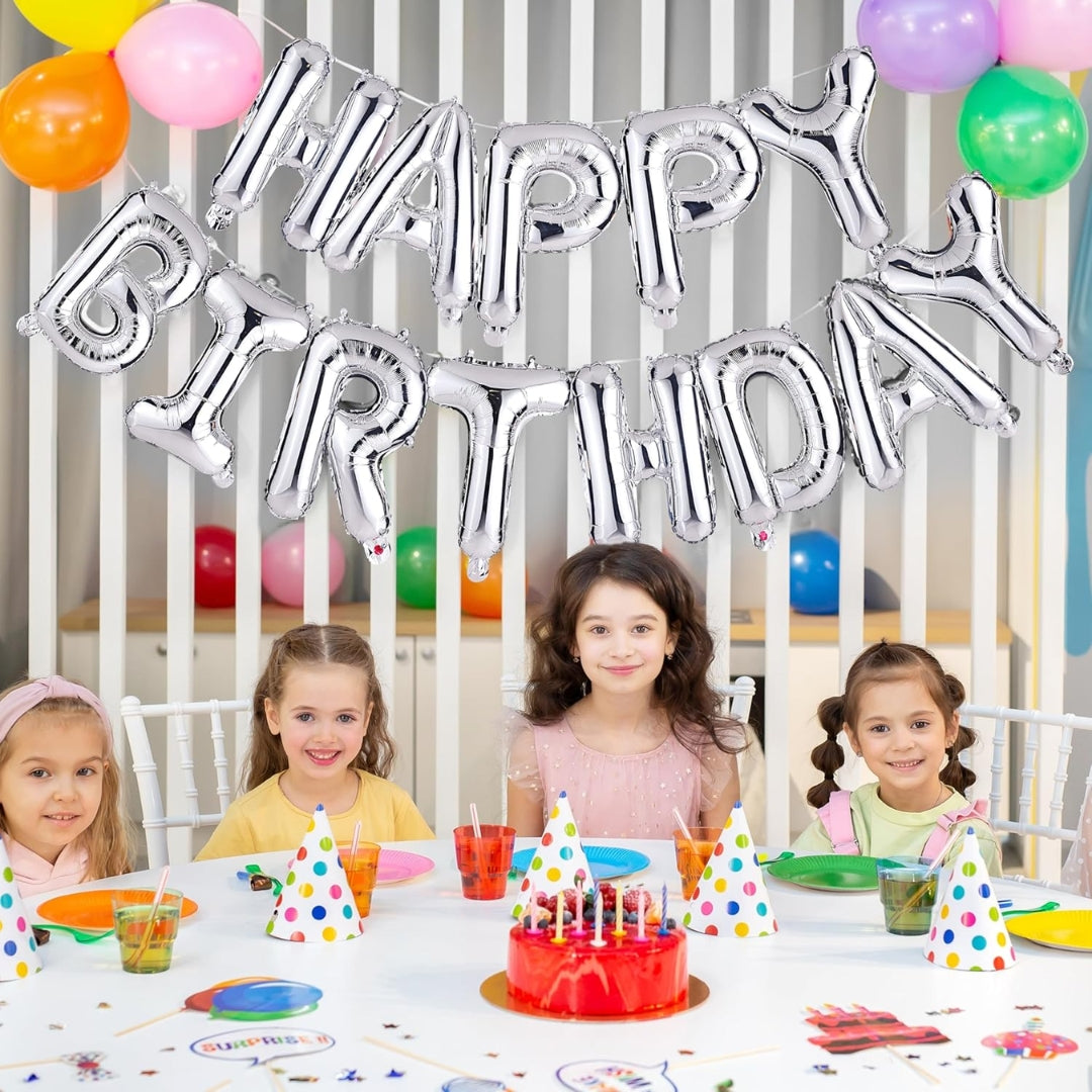 Happy Birthday Silver Letter Balloon Banner - Air Filled - 1 Pack