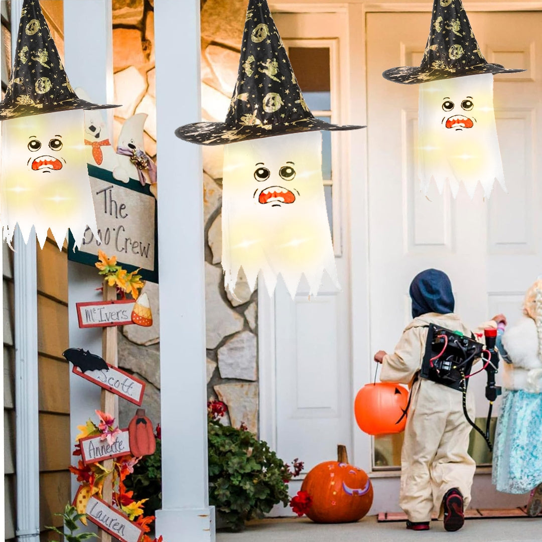 Light Up White Hanging Witch Hat for Halloween Decor- 1PC