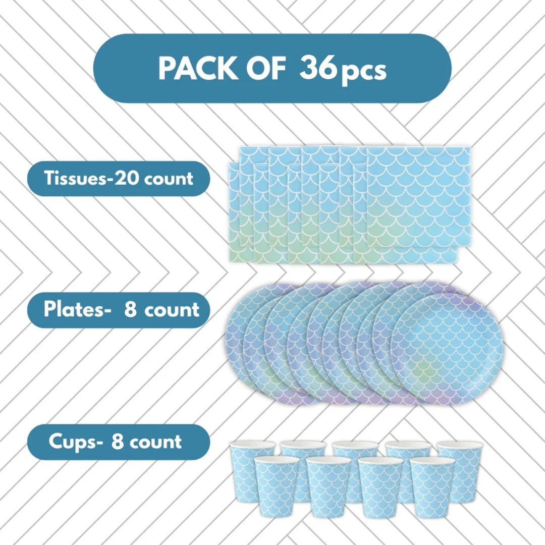 Mermaid Themed Birthday Decor Tableware Set - 36PC - Upto 10 Pax