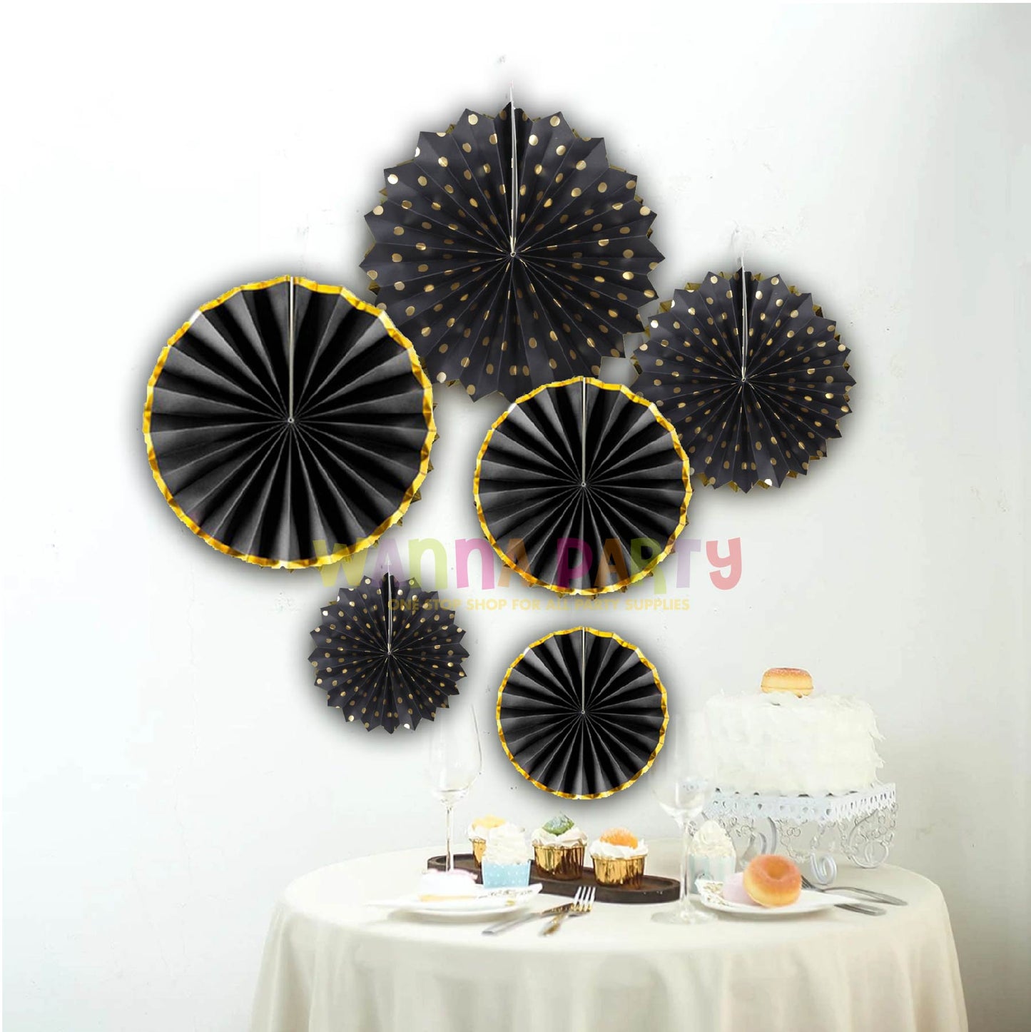 Black & Gold Paper Fans Set - 6PC