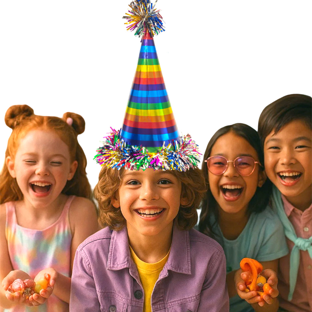 Multicolored Glossy Party Hat w/ Fringe - 1 PC