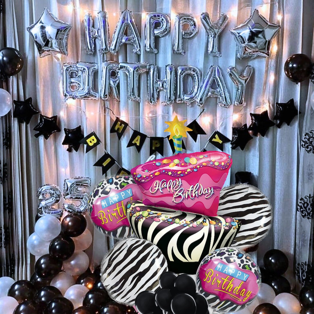 Happy Birthday Pink & Black Zebra Stripes Balloon