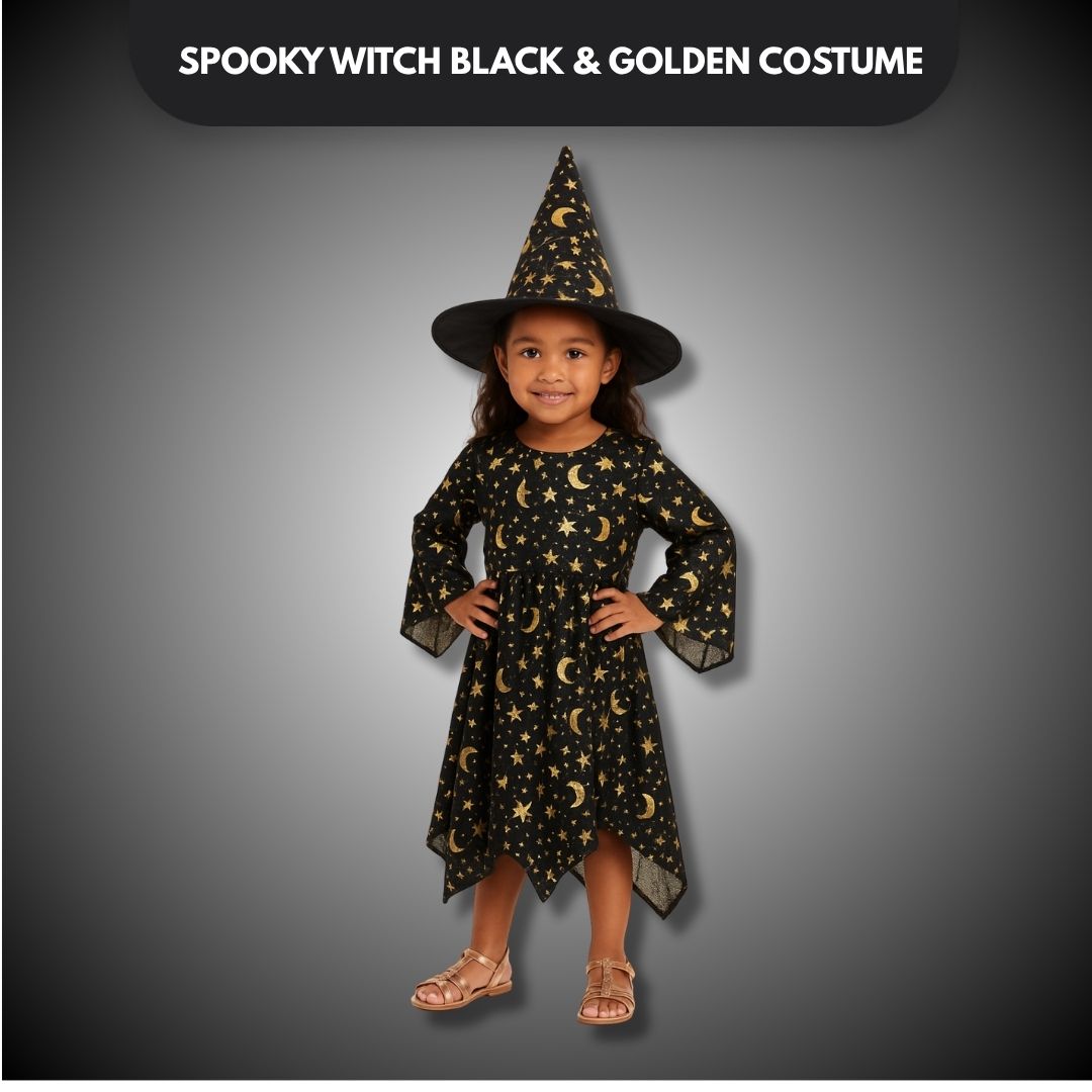 Black & Golden Halloween Witch Costume & Hat with Pumpkin & Witch Print for  Kids  Wanna Party