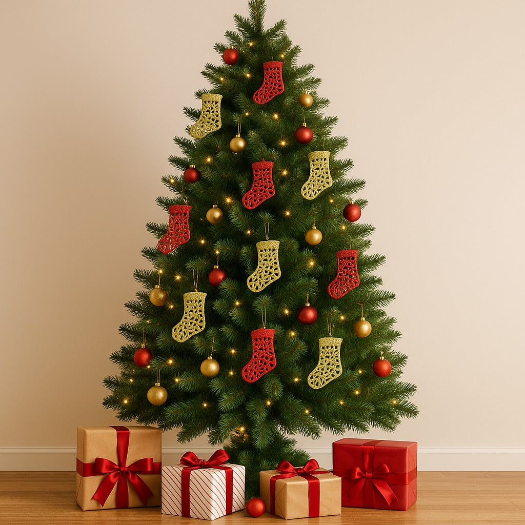 Christmas Tree Ornaments - Santa Stocking Hangings Red & Gold - Set of 2PC