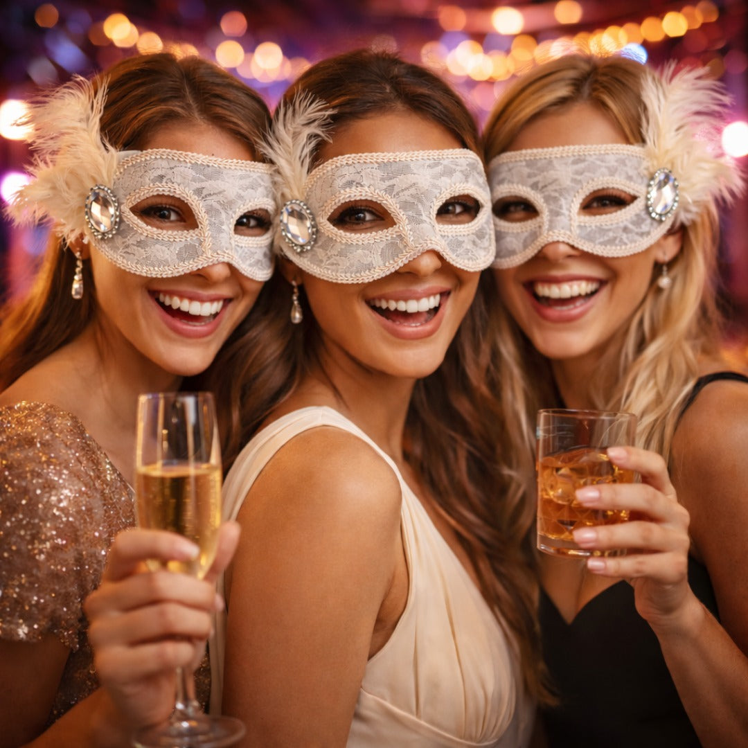 Fancy White Net Masquerade Mask wih Feathers - 1PC