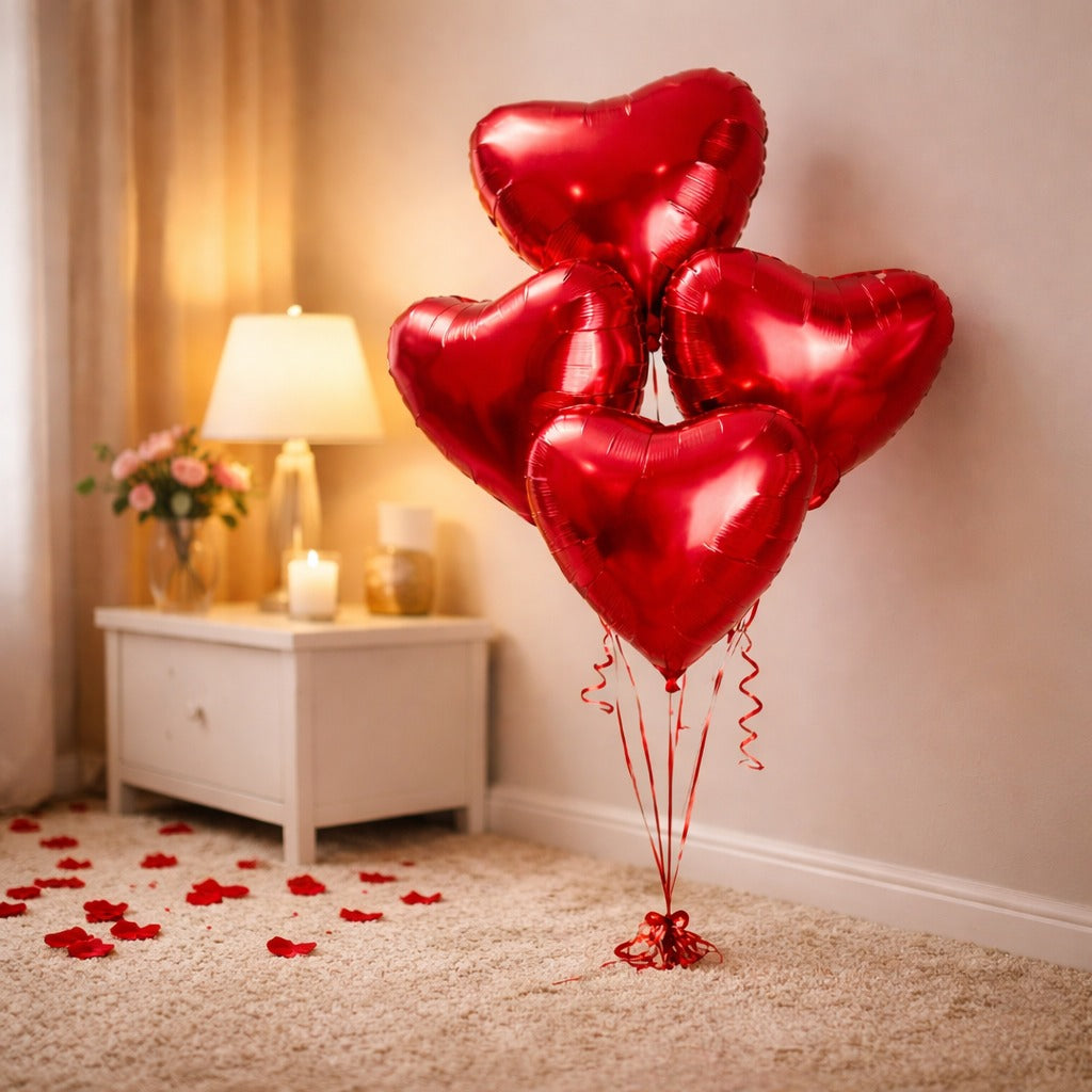 Red Heart Helium Filled Balloon Bouquet – Romantic Party Decoration Set - 4PC