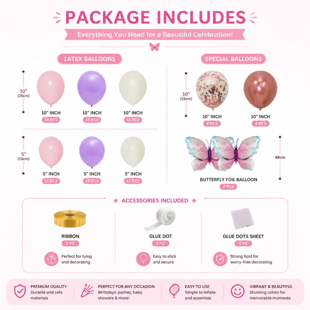 Butterfly Balloon Decoration Set Pink & Purple – 100 PCS | Butterfly Theme Balloon Arch Kit for Girls Birthday