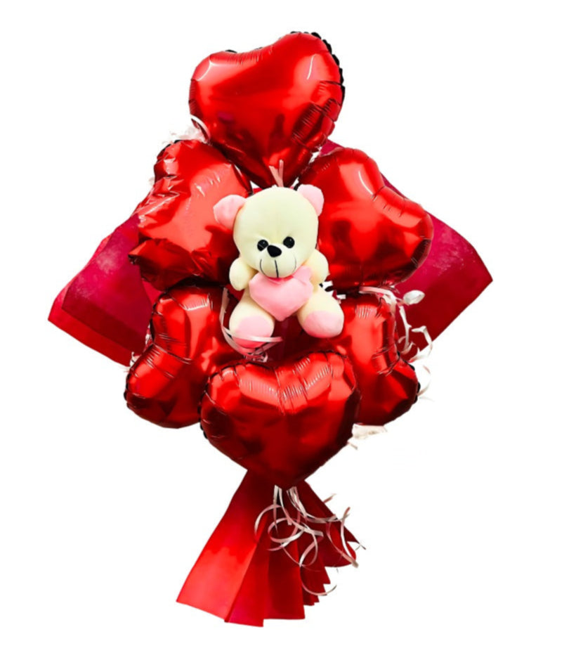 Red Heart Shape Foil Balloon w/ Small Pink Teddy Combo for Valentines Day/ Theme Party - 6PC