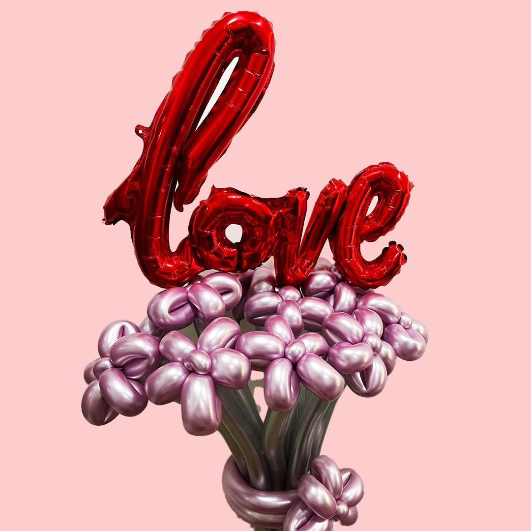 Pink Flower Balloons with Silver Sticks and Love Bouquet