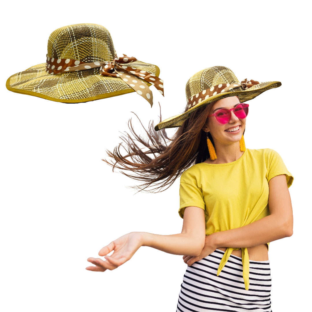 Summer Beach Hat Beige Color w/Polka Dot Silk Ribbon for Women - 1PC